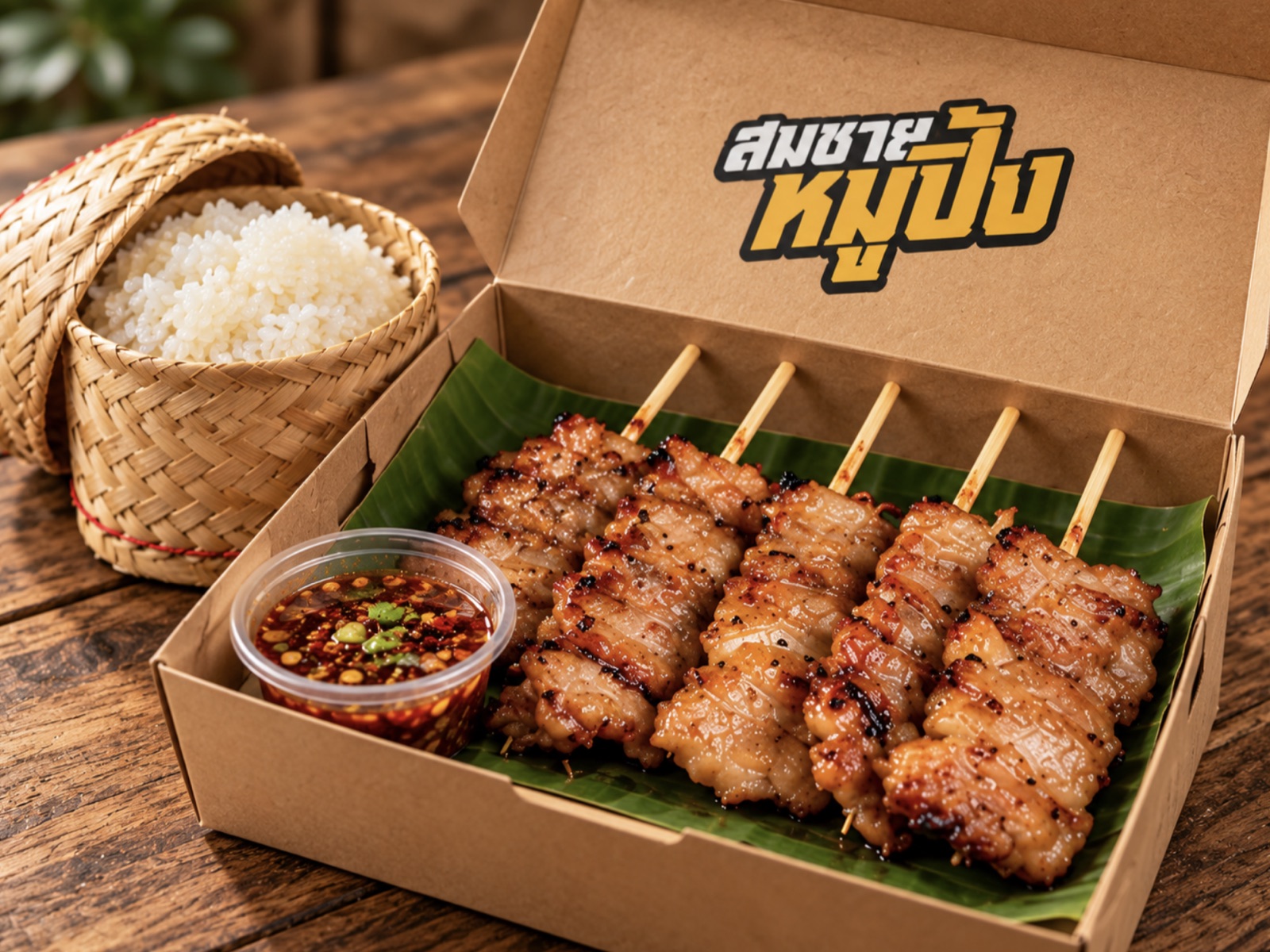 หมูปิ้งห้าไม้ในกล่องกระดาษลายโลโก้สมชายหมูปิ้ง รองใบตอง พร้อมน้ำจิ้มแจ่วและข้าวเหนียวในกระติ๊บ