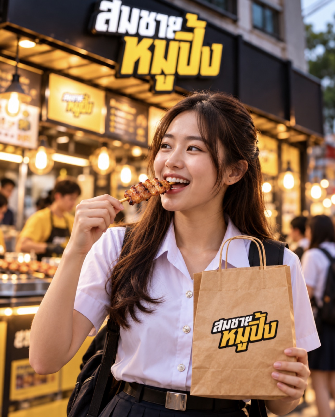 ลูกค้านักศึกษายิ้มกินหมูปิ้ง มือถือถุงกระดาษลายโลโก้สมชายหมูปิ้ง หน้าร้าน