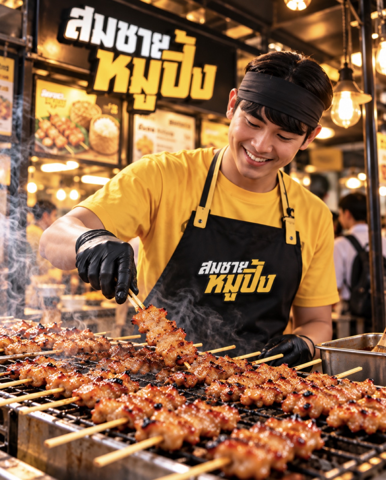 พนักงานสมชายหมูปิ้งเสื้อเหลืองผ้ากันเปื้อนดำ ยิ้มขณะย่างหมูปิ้งบนเตา ควันลอย