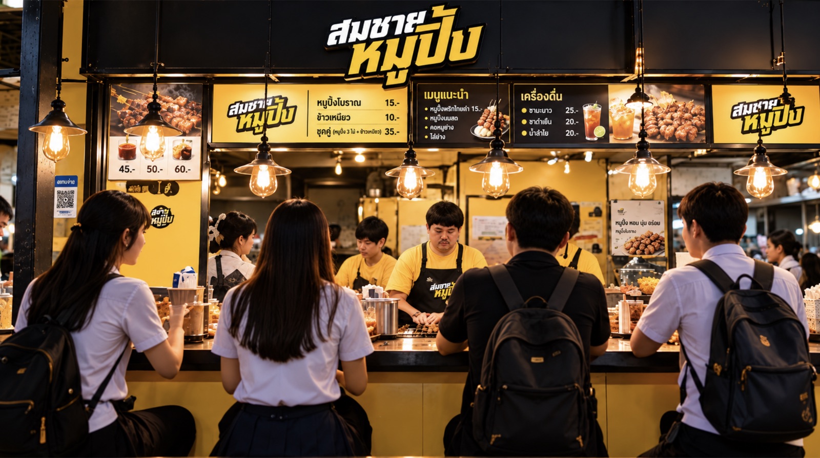 หน้าร้านสมชายหมูปิ้ง ลูกค้านักเรียนนักศึกษานั่งรอหน้าเคาน์เตอร์ พนักงานเสื้อเหลืองกำลังย่างหมู