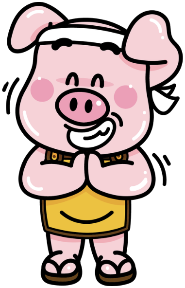 น้องสมชาย มาสคอตหมูสีชมพูคาดผ้าโพกหัวขาว ใส่ผ้ากันเปื้อนเหลือง ยกมือไหว้